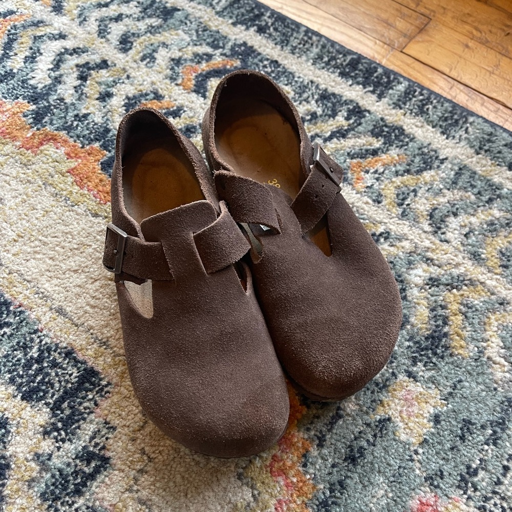 Brown Suede Women’s Clog Mules with Buckle